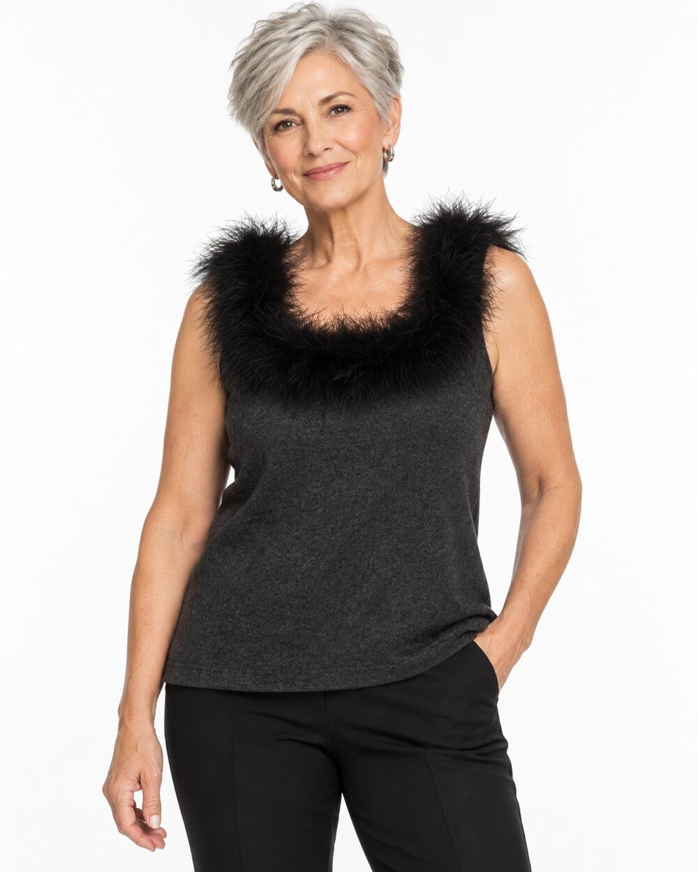 Vintage 1990s Nan Label Gray Marabou Feather Trim Top Large NOS